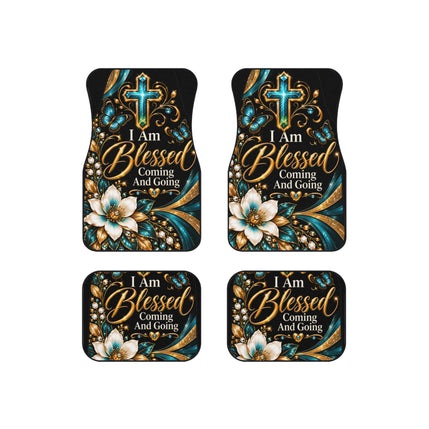 Car Mats — "I Am Blessed Coming and Going" Floral Cross Floor Mat Set (4-Piece)