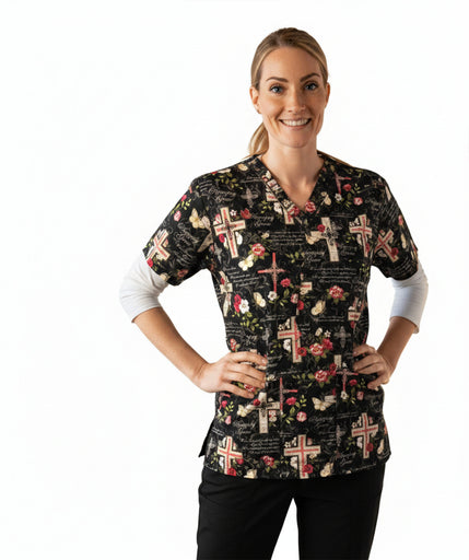 Christian Inspirational Scrub Top with 3-Pocket—Amazing Grace