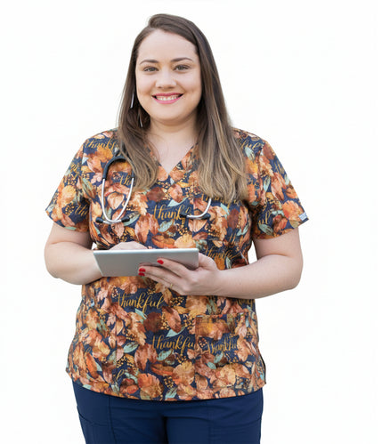 Christian Inspirational Scrub Top with 3-Pockets—Give Thanks