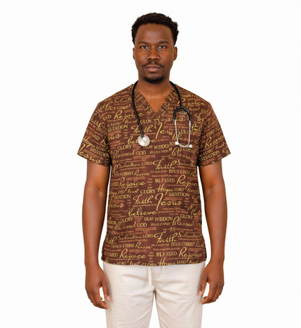 Christian Inspirational Scrub Top with 3-Pocket—Rejoice
