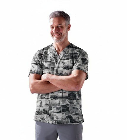 Christian Inspirational Scrub Top with 3-Pockets—Scripture Panels