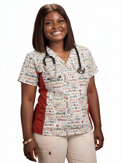 Christian Scrub Top with Inspirational Words -Thankful and Blessed