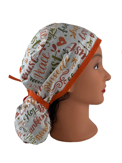 Inspirational Words Ponytail Scrub Caps—Thankful and Blessed