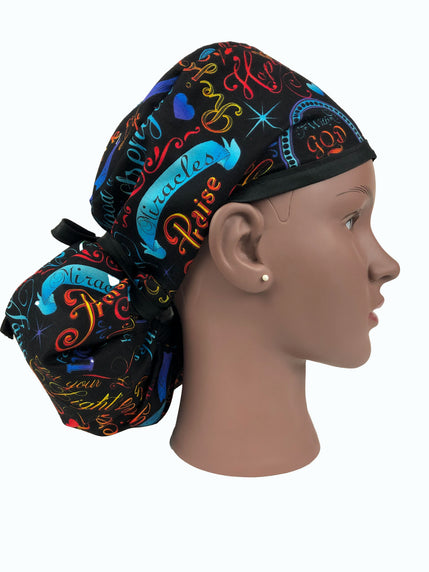 Inspirational Words Ponytail Scrub Caps—Praise