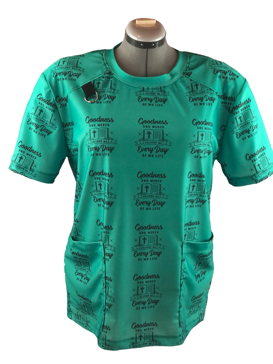 Christian Scrub Top with Inspirational Words - Goodness and Mercy ...